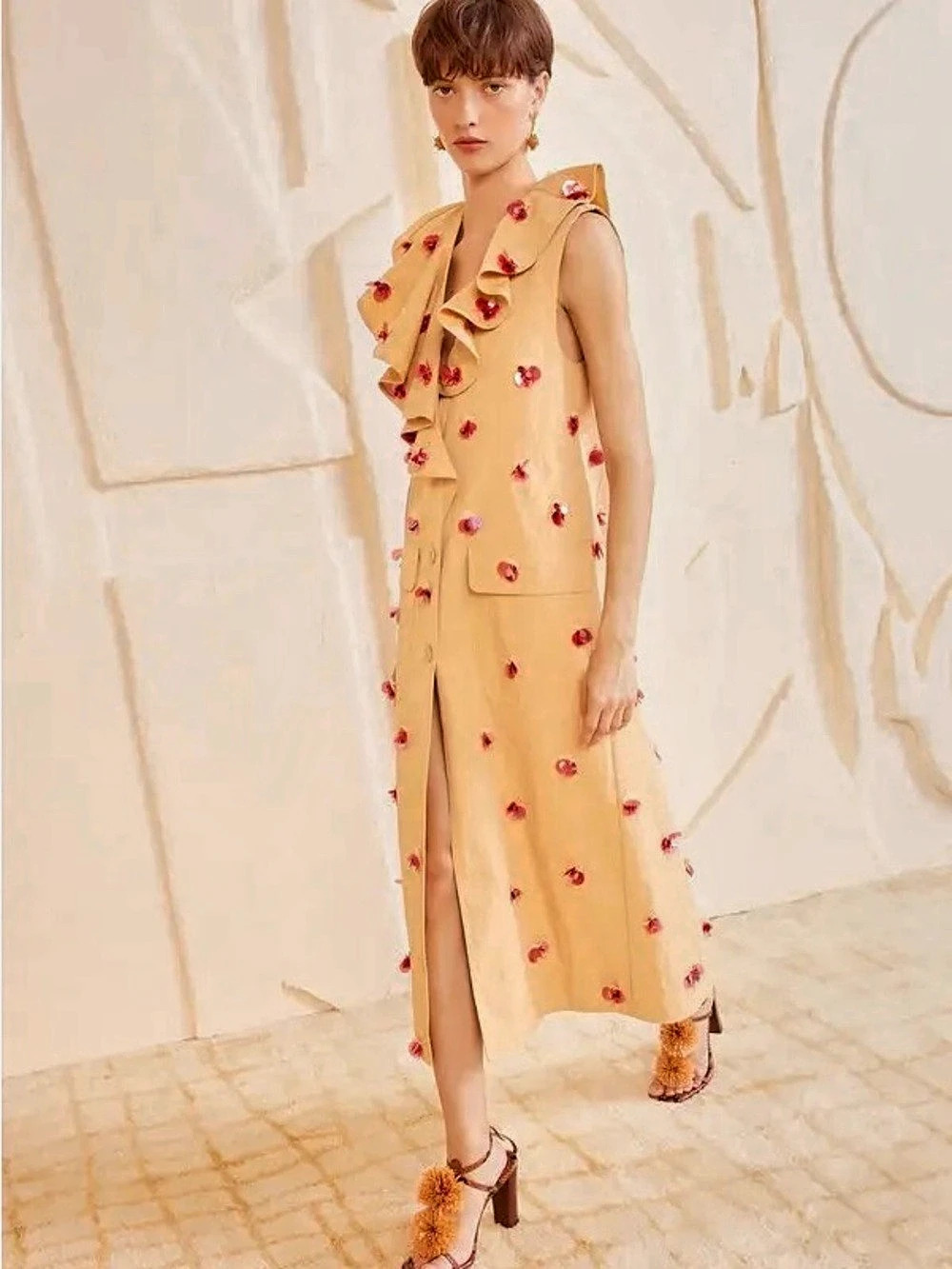 Ulla Johnson Harper Coat Embellished Midi Dress Beige & Red Small NWT